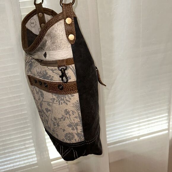 Myra Solidaster Crossbody Shoulder Upcycled Bag Leather Canvas Studded Floral - Picture 6 of 16